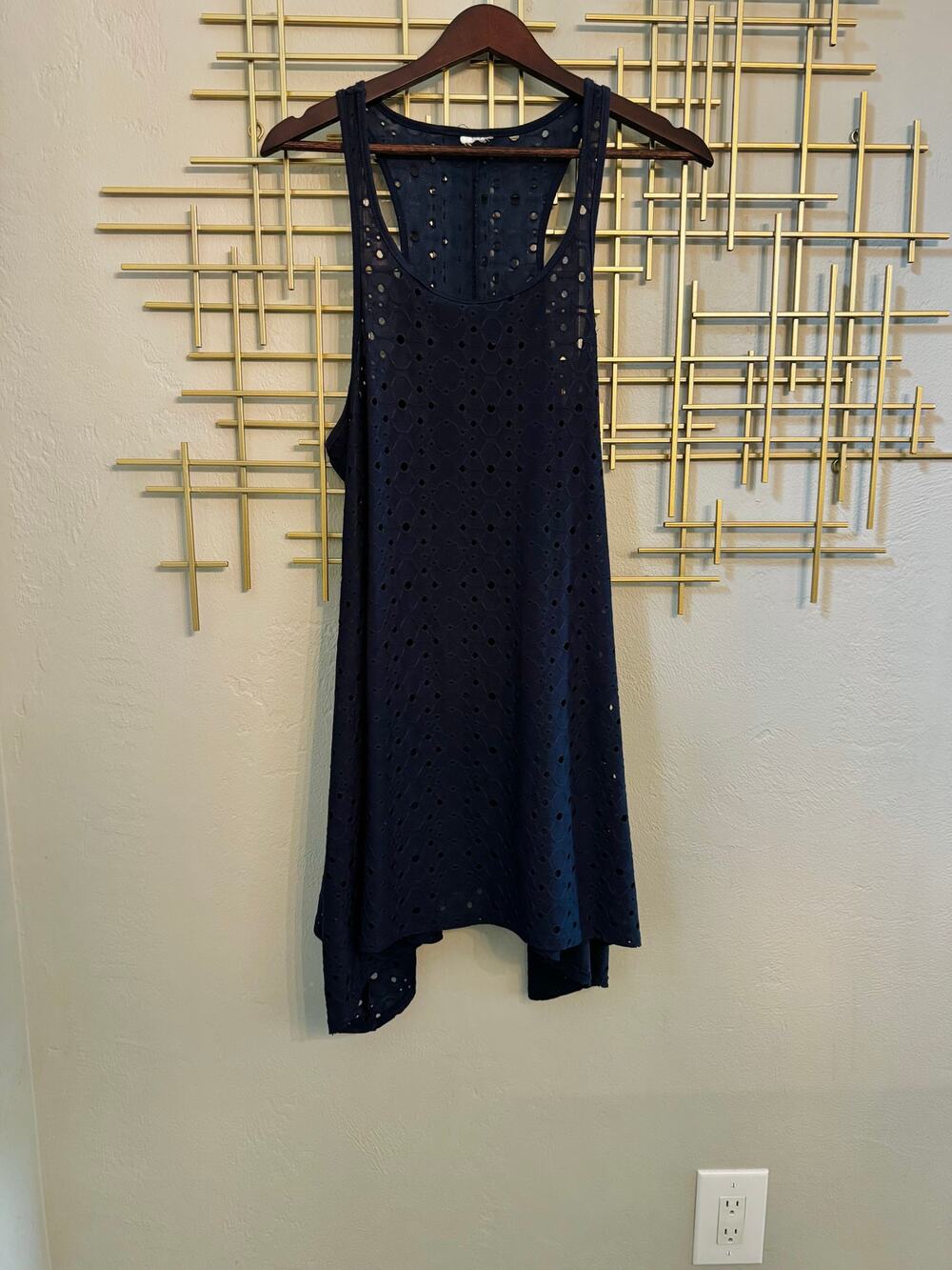 Navy Blue Laser Cut Eyelet Swim Cover Up Racerback Handkerchief Hem
